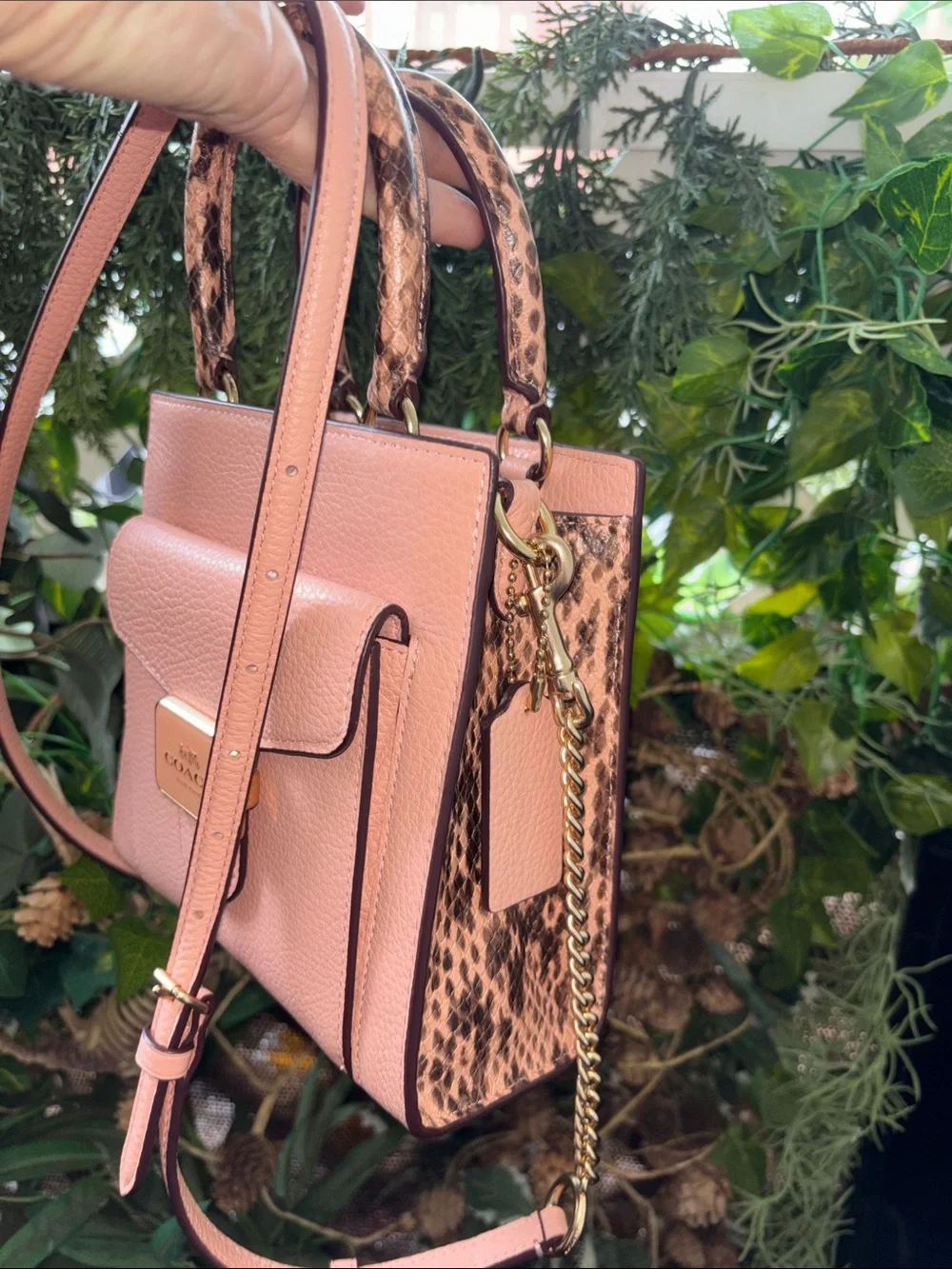 Coach Mini Pepper Crossbody Shell Pink pebbled leather  snakeskin-embossed